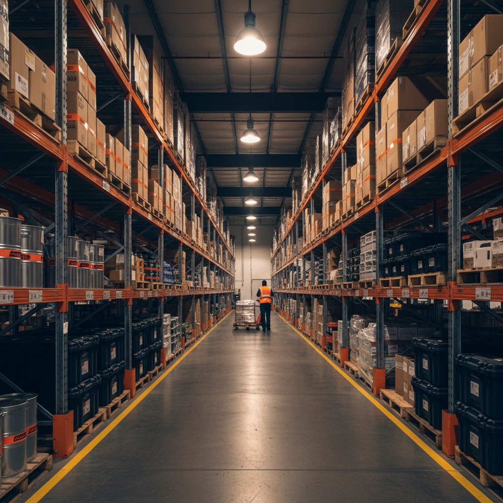 Pasillo de almacén MRO con racks industriales y repuestos críticos